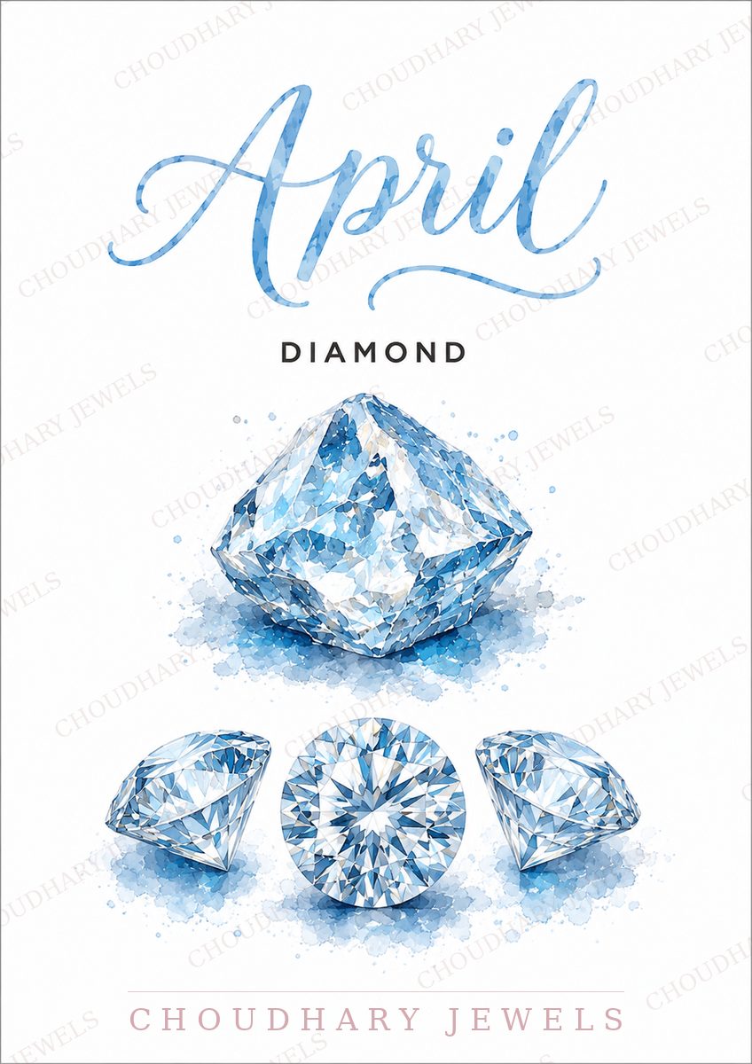 Watercolor-style artwork of April's birthstone, diamond: a sparkling rough crystal above round brilliant, pear and oval cut diamonds