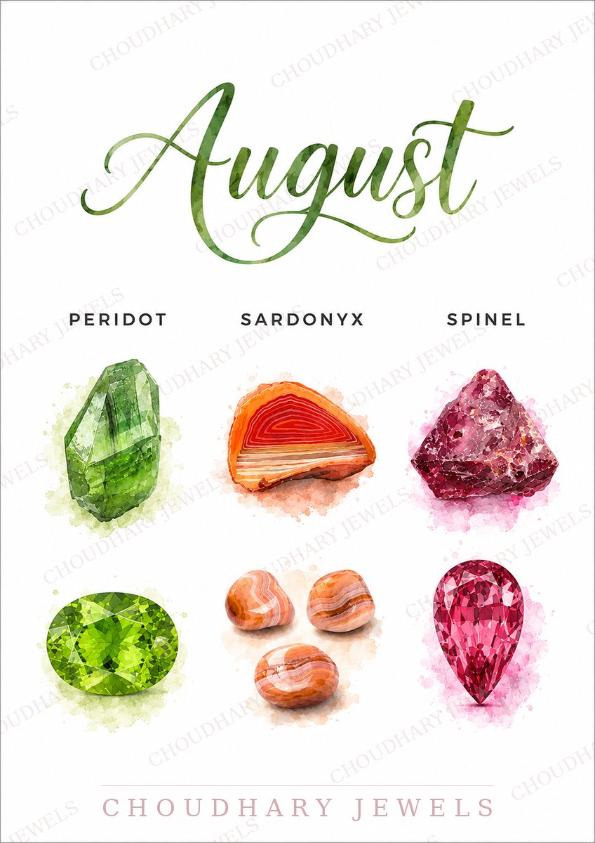 Watercolor-style artwork of August's birthstones: lime-green peridot, banded orange sardonyx and red spinel