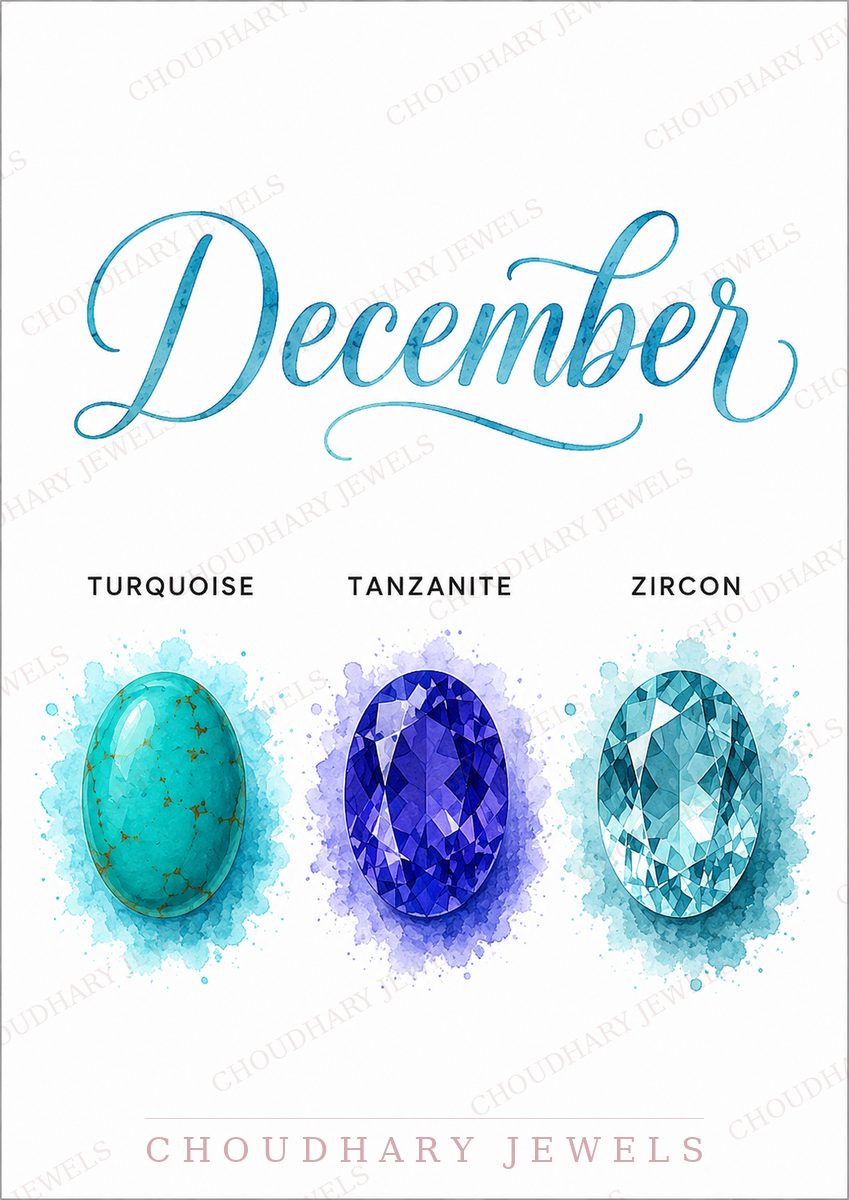 Watercolor-style artwork of December's birthstones: speckled blue-green turquoise, violet-blue tanzanite and sky-blue zircon