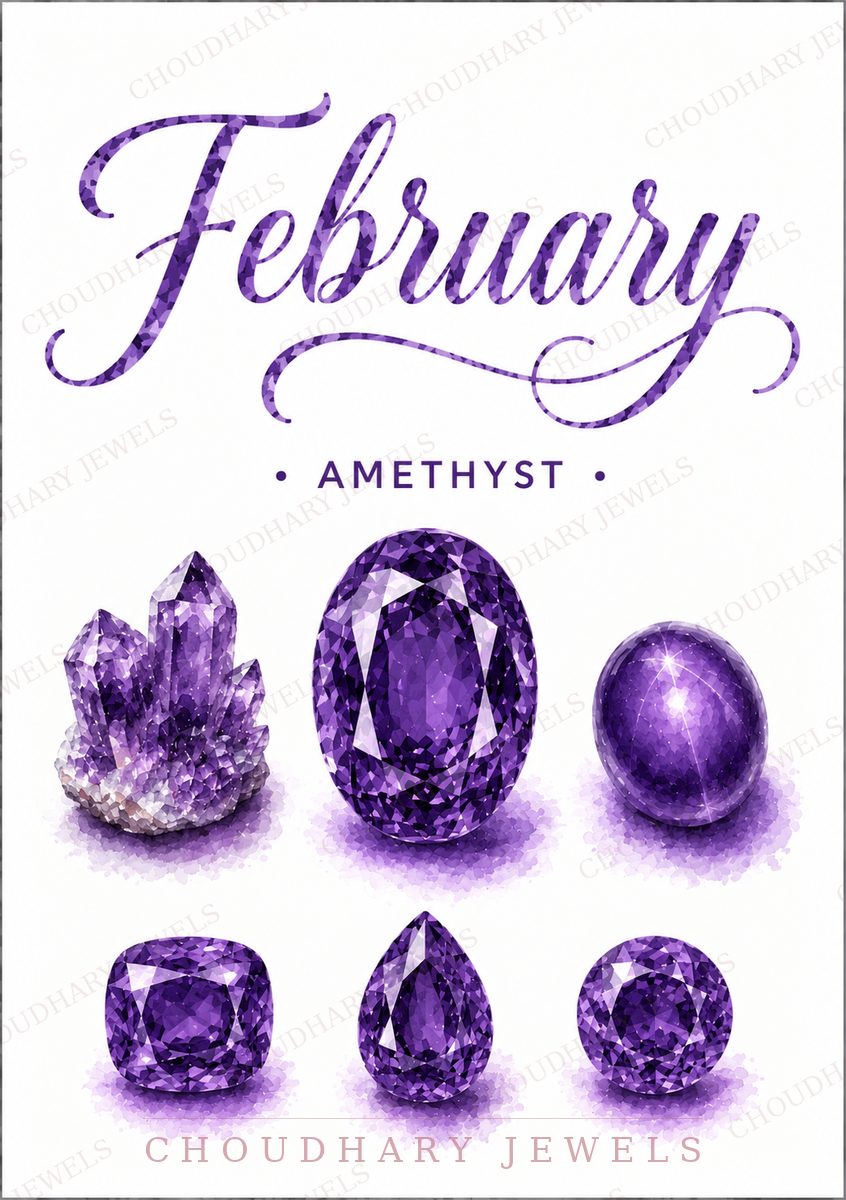 Watercolor-style artwork of February's birthstone, amethyst: purple raw crystal cluster, oval, cabochon, cushion, pear and round cut stones
