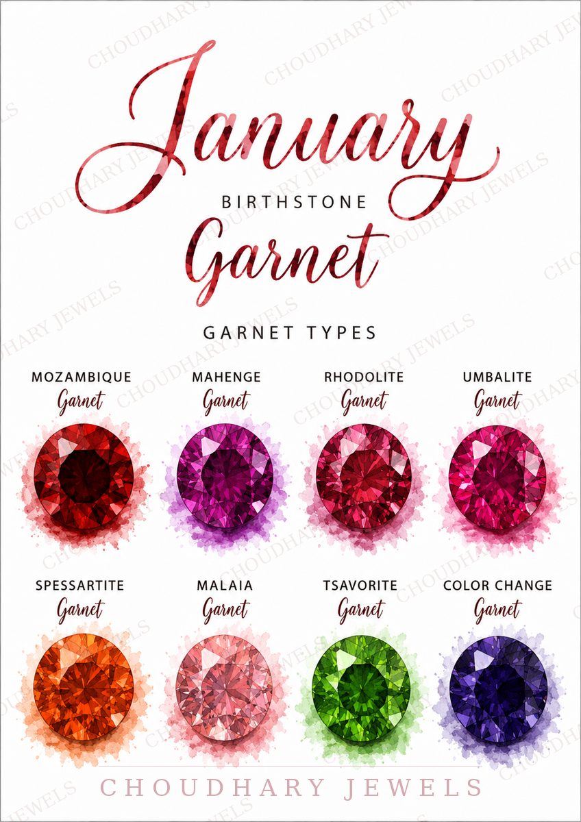 Watercolor-style artwork of January's birthstone, garnet, showing eight round-cut garnet types: deep red Mozambique, purple-pink Mahenge, raspberry Rhodolite, pink Umbalite, orange Spessartite, peach-pink Malaia, green Tsavorite and violet-blue Color Change garnet