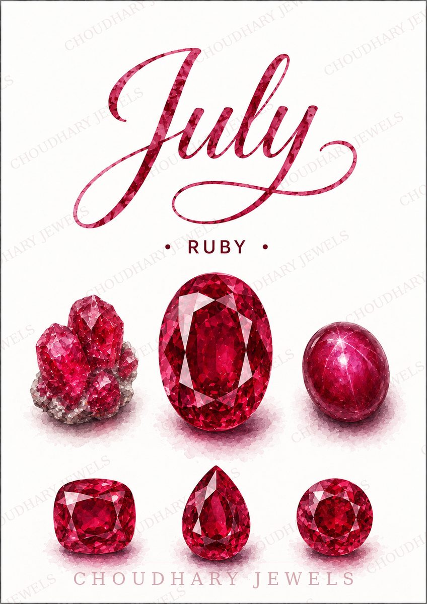 Watercolor-style artwork of July's birthstone, ruby: red raw crystal, oval, cabochon, cushion, pear and round cut stones