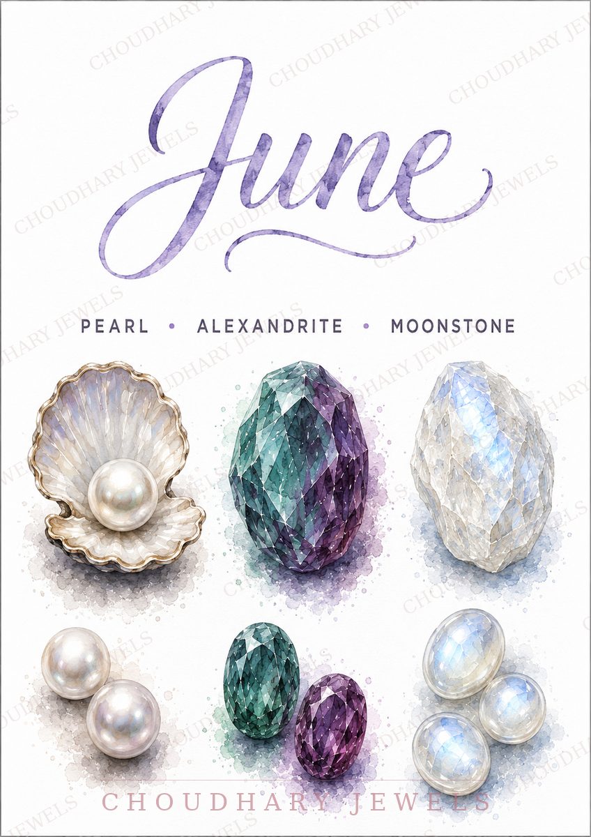 Watercolor-style artwork of June's birthstones: pearls in an open shell, color-changing green-to-purple alexandrite, and glowing white moonstone