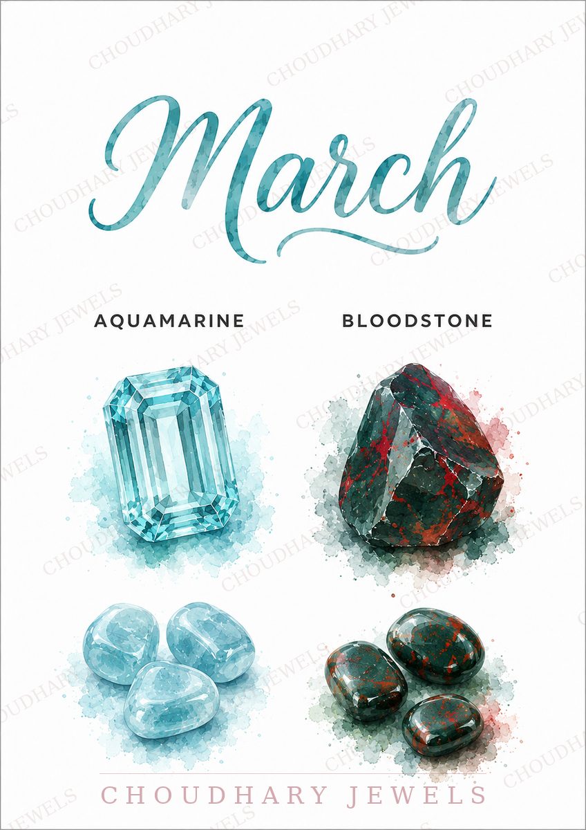Watercolor-style artwork of March's birthstones: pale blue aquamarine in emerald cut and tumbled stones, beside dark green bloodstone flecked with red