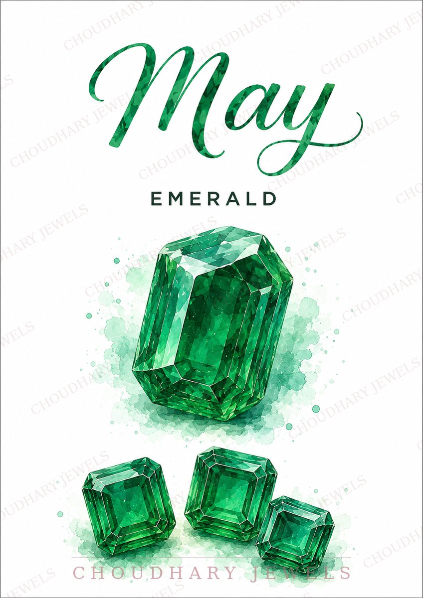 Watercolor-style artwork of May's birthstone, emerald: a large green emerald-cut stone above three smaller emerald cuts