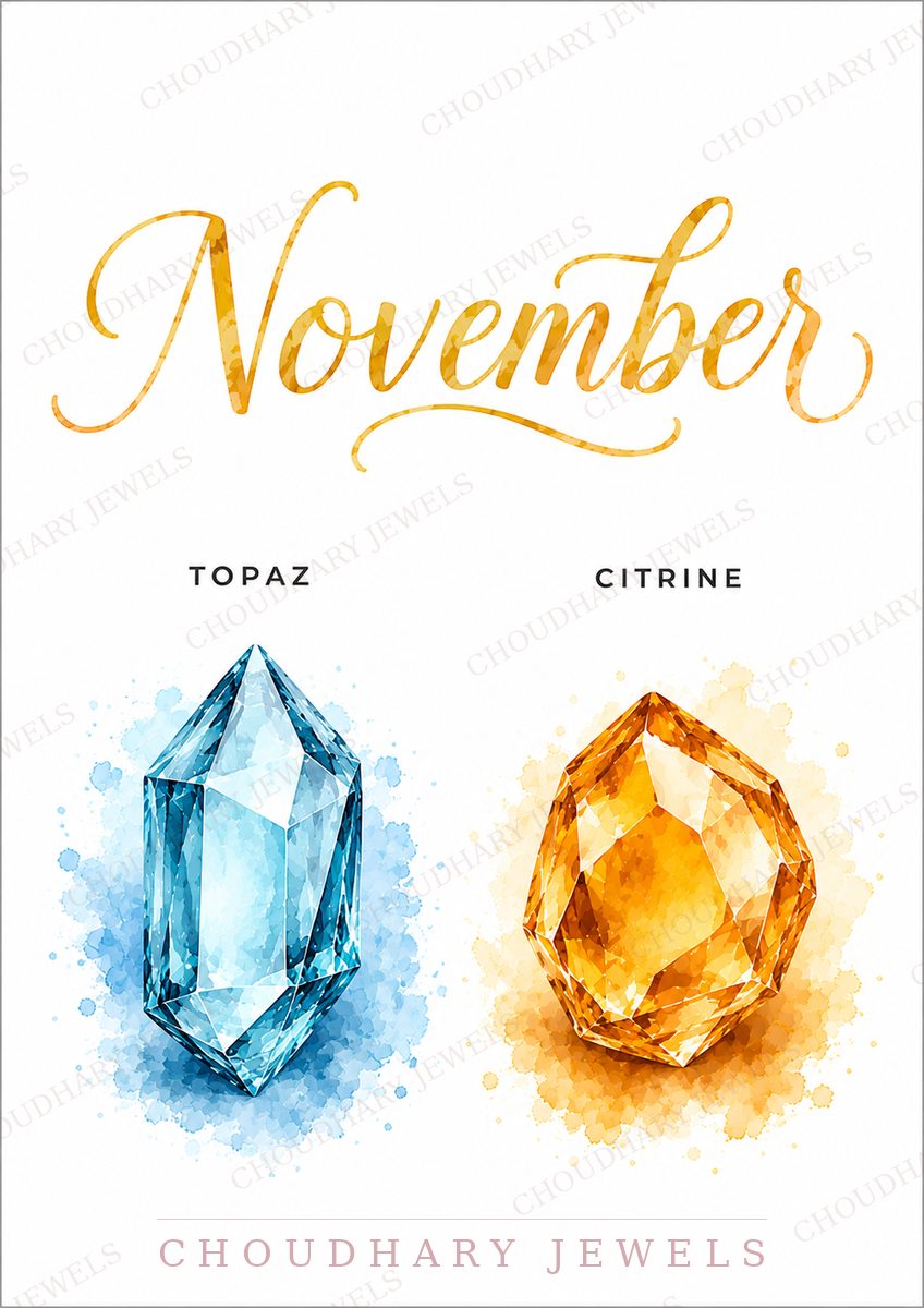 Watercolor-style artwork of November's birthstones: a pale blue topaz crystal beside a golden-orange citrine