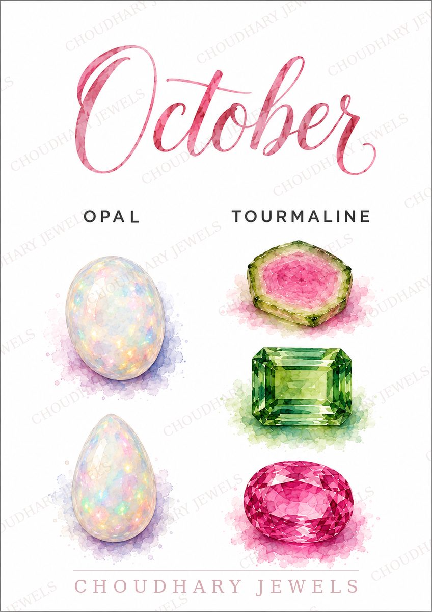 Watercolor-style artwork of October's birthstones: iridescent white opals beside watermelon, green and pink tourmaline