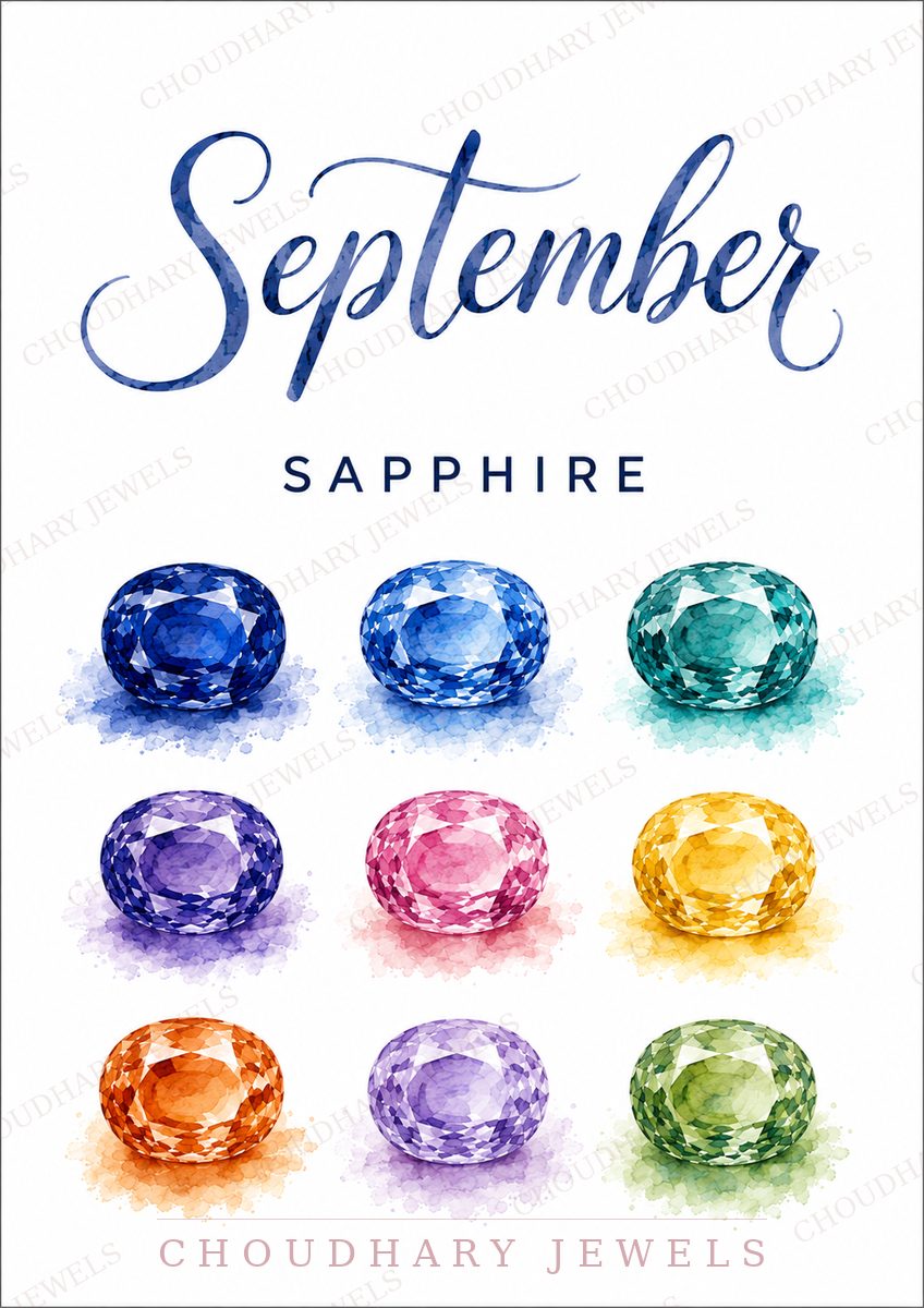 Watercolor-style artwork of September's birthstone, sapphire, in many colors: blue, teal, purple, pink, yellow, orange, lavender and green oval stones